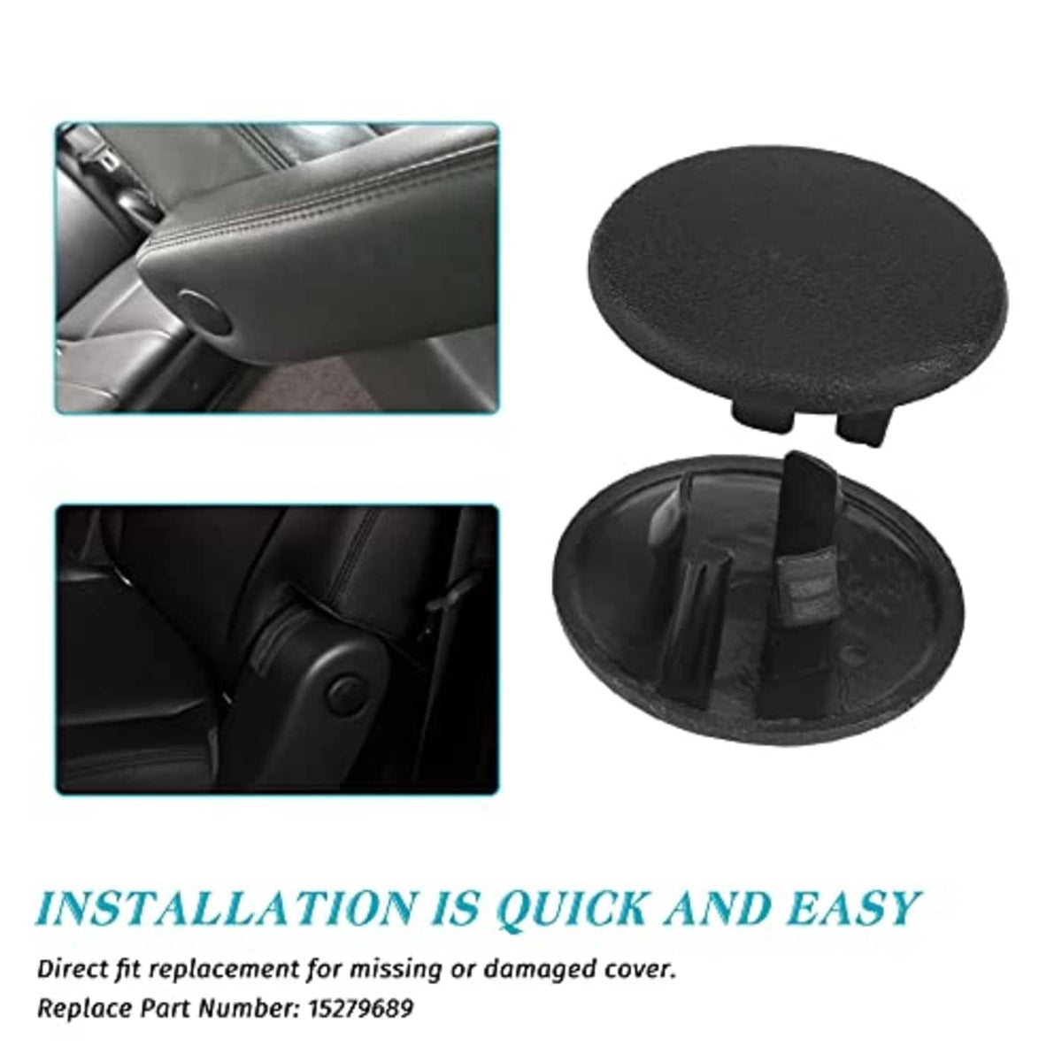 Black oval armrest cover cap with clips and matching round button cover detail.