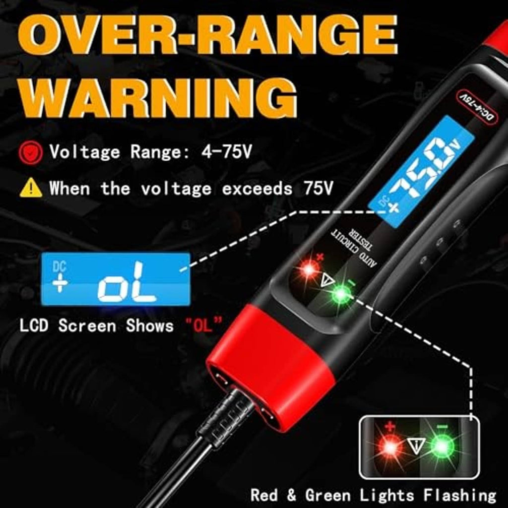 DC voltage tester showing LCD 'OL' reading with red and green flashing lights