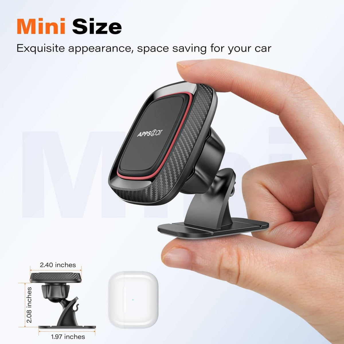 Compact black magnetic phone holder with carbon-fiber style panel and dashboard base