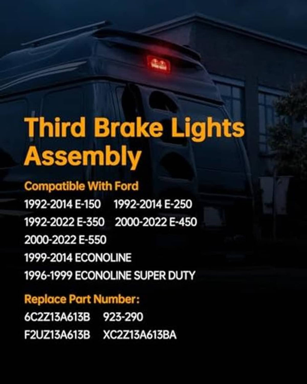 Third brake light assembly with illuminated red lens on rear of vehicle