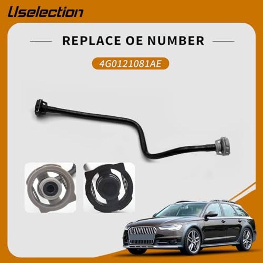 Black radiator coolant hose with two screw-in connectors and curved pipe shape