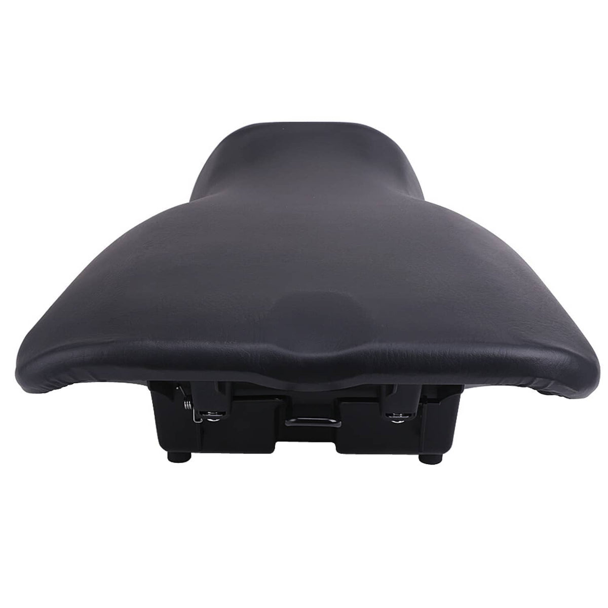 Black ATV seat pad front view with underside mounting hardware visible