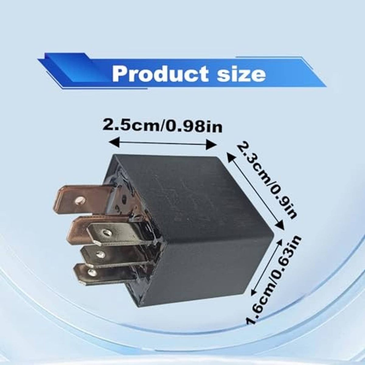 Black 5-pin relay, approx. 2.5 cm length, with brass-colored prong terminals