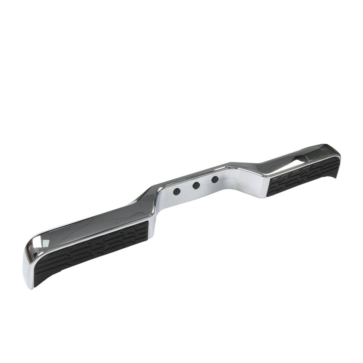 Rear step bumper face bar with chrome corners and black textured end caps