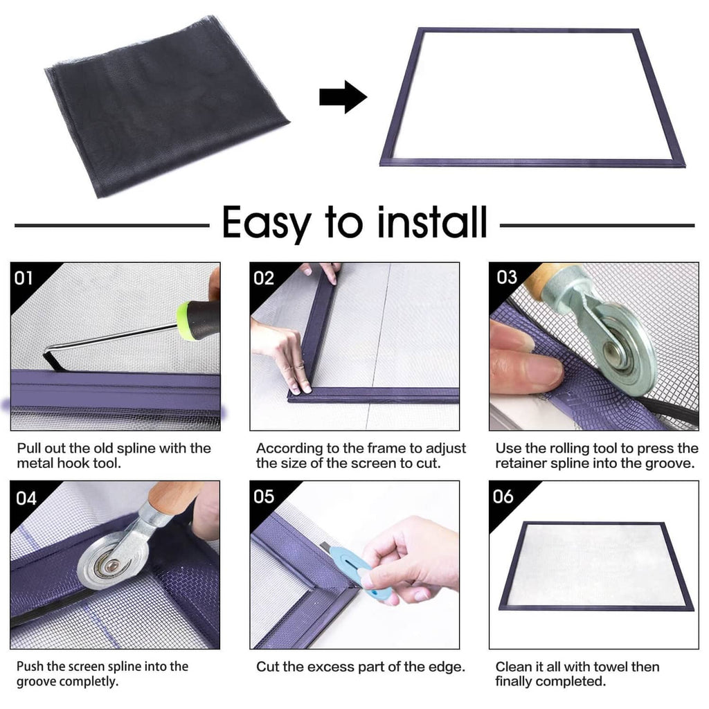 Charcoal black screen spline kit with mesh sheet and installation guide layout