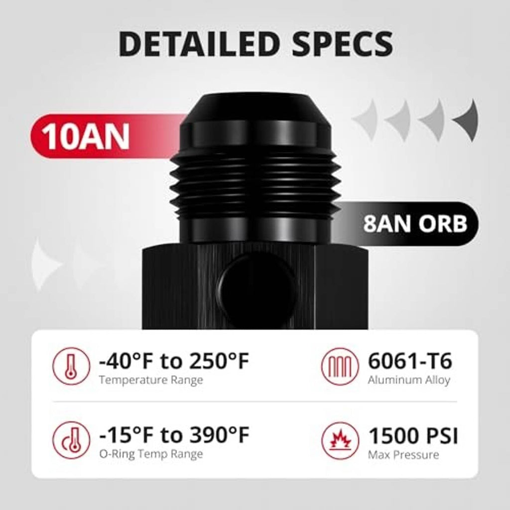 Black AN-ORB male gauge port fitting, hex body and threaded ends centered