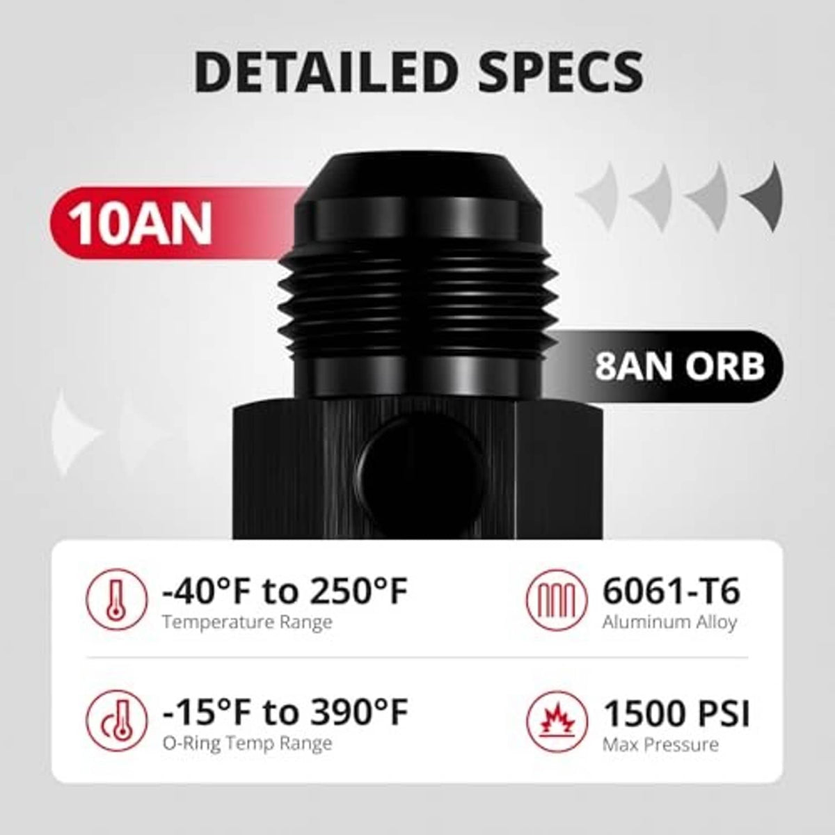 Black AN-ORB male gauge port fitting, hex body and threaded ends centered