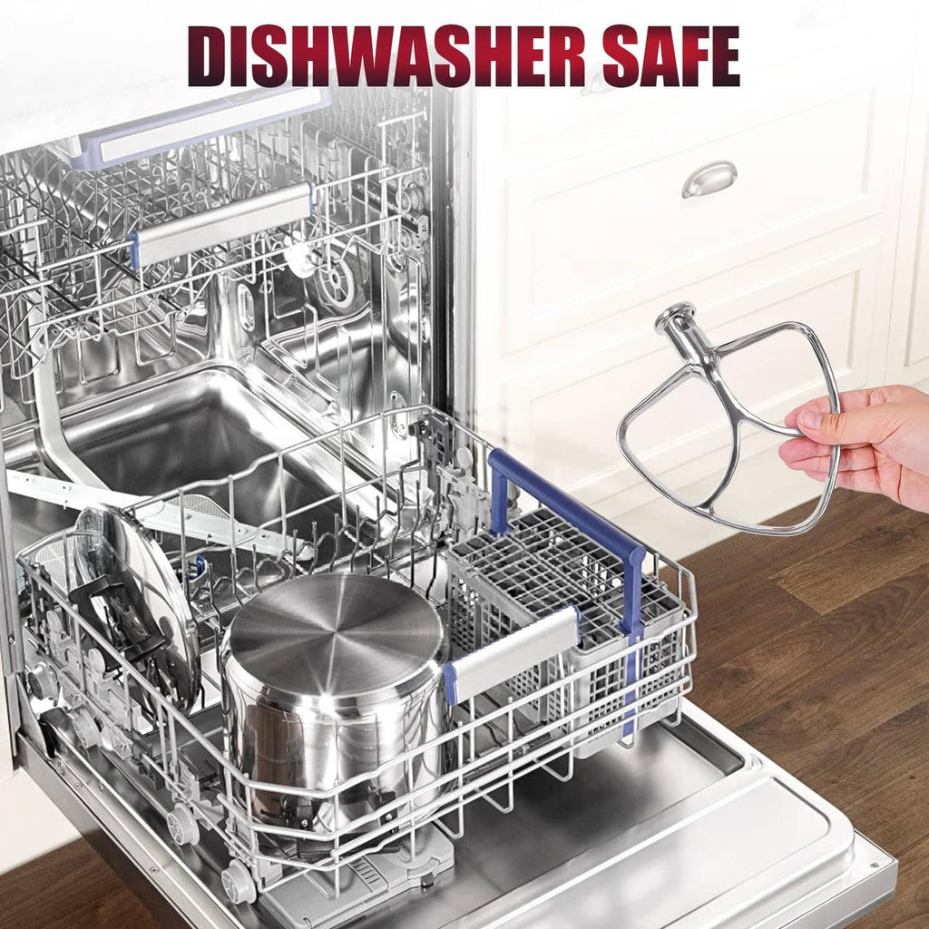 Stainless steel flat beater placed in dishwasher rack for easy cleaning