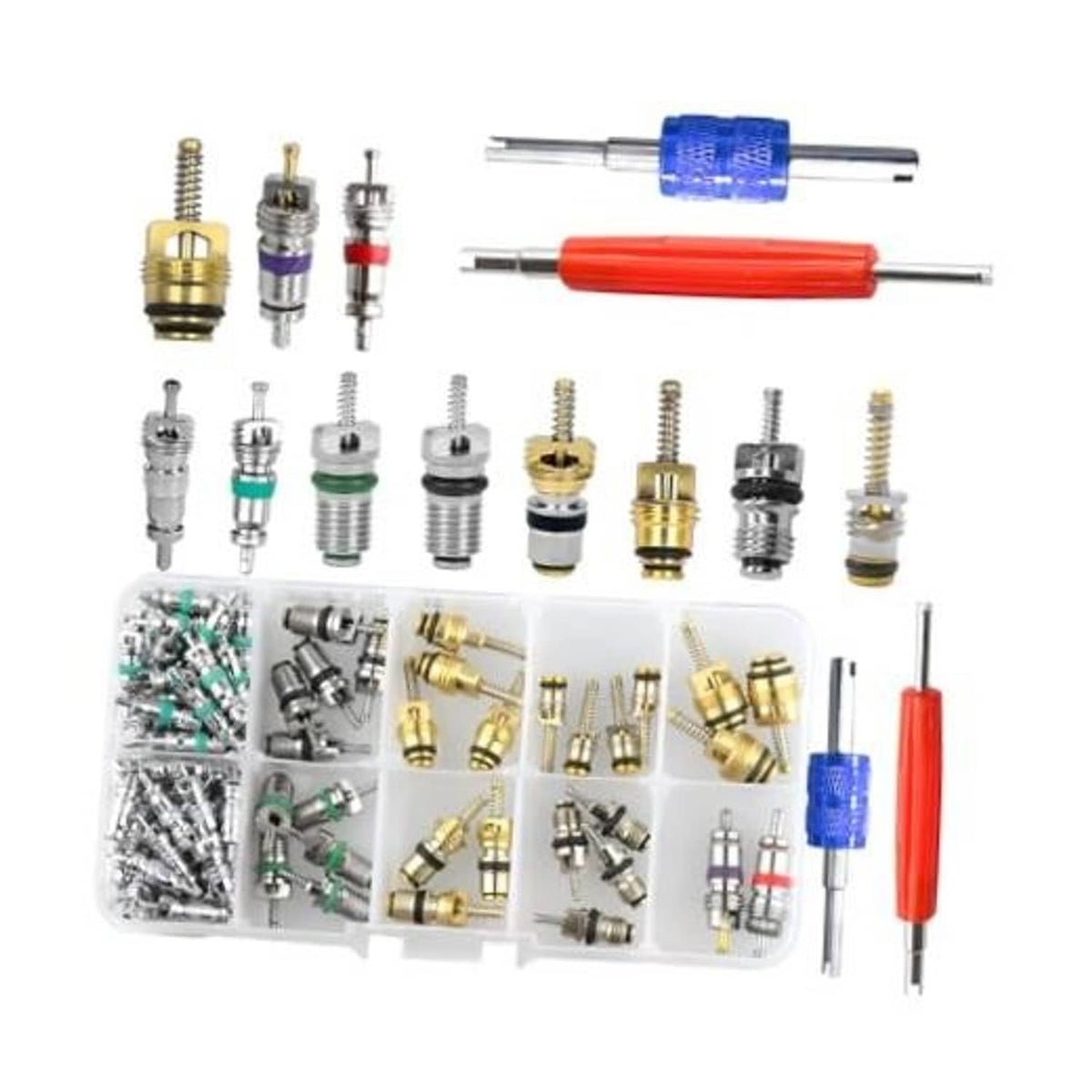 Automotive A/C valve core accessory kit with mixed metal valve cores and fittings