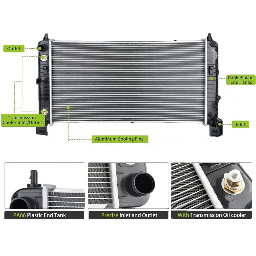 Aluminum cooling-fin radiator with PA66 plastic end tanks, inlet and outlet ports