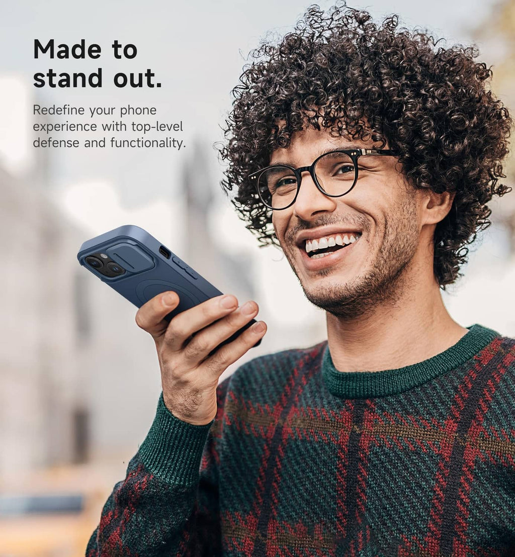 Blue iPhone case on a phone held by a person, with camera cover and grip