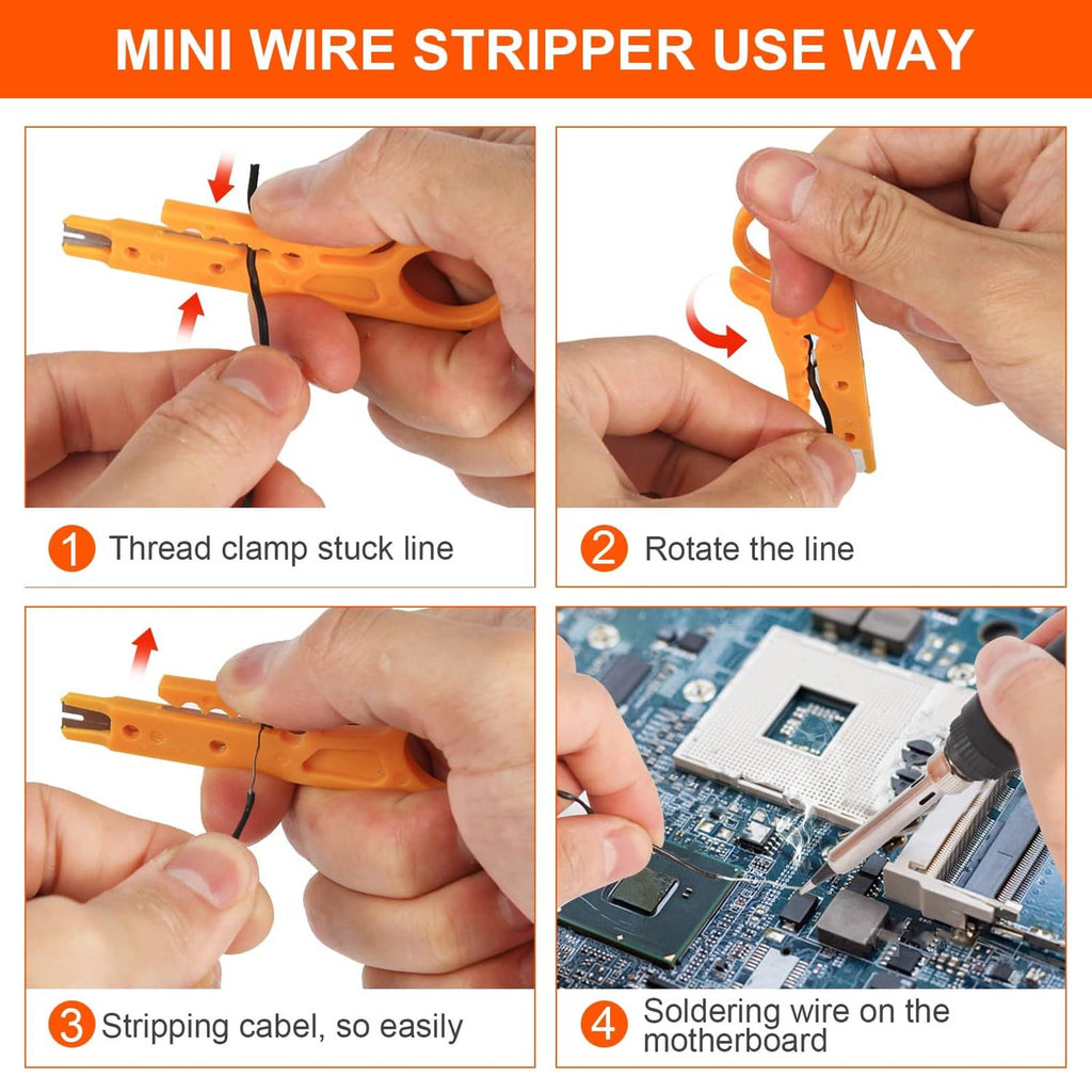 Mini wire stripper tool with orange handle and stripping notch for wires