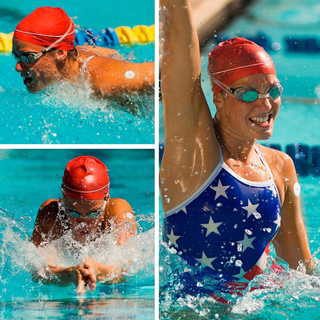 Round adhesive sensor patch on swimmer’s skin in pool water