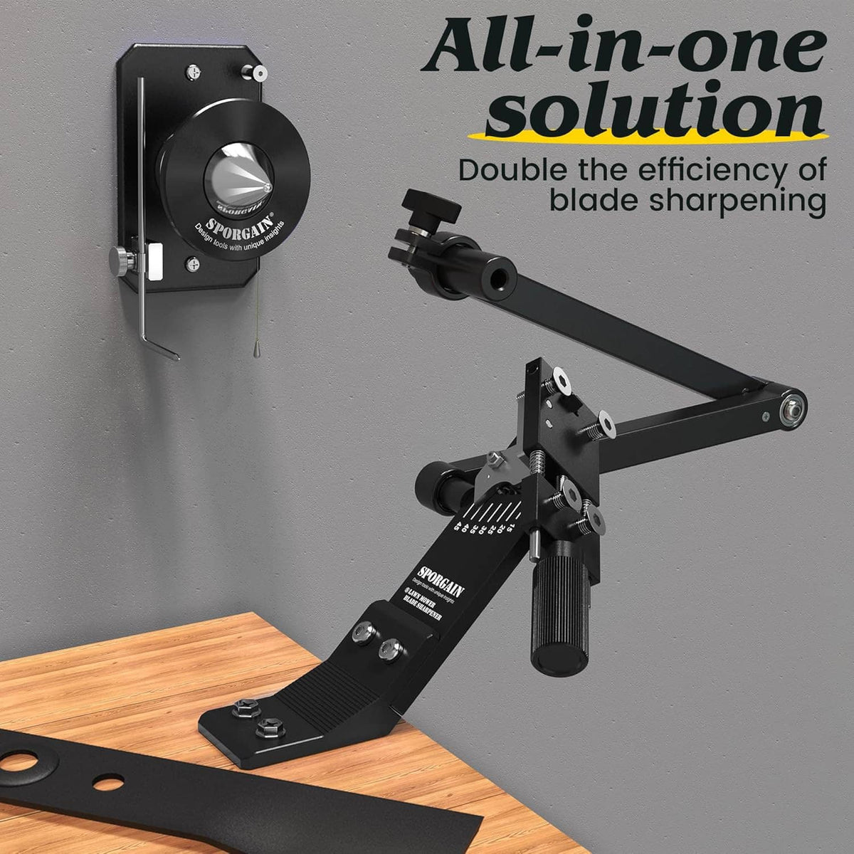 Lawn mower blade sharpener and balancer tool mounted on a wood work surface