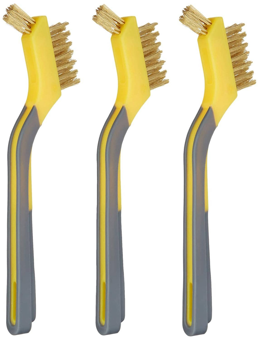 Mini brass wire cleaning brush set with yellow and gray soft-grip handles