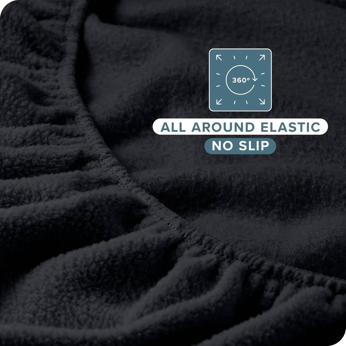 Black plush fitted sheet with stretchy all-around elastic grip for secure fit