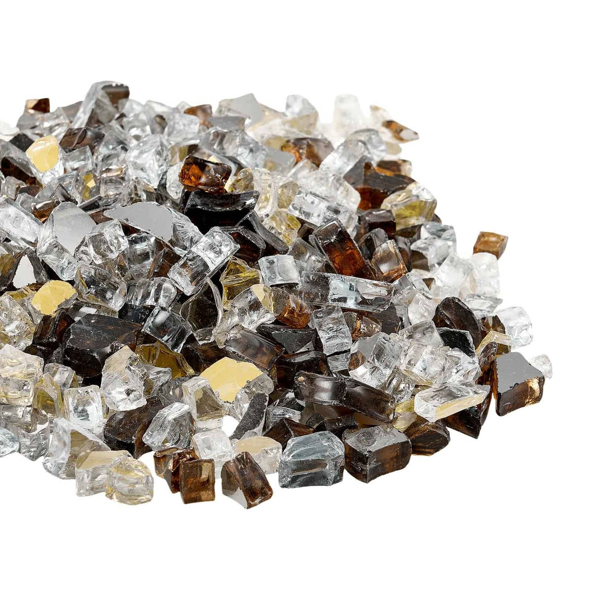 Close-up of mixed clear, copper, and gold tempered glass rocks, faceted pieces