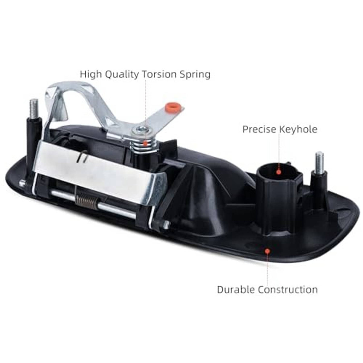 Door latch assembly with torsion spring, black plastic housing and metal bracket