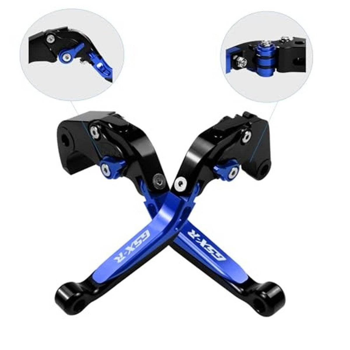 Pair of blue and black adjustable motorcycle levers with close-up inset details