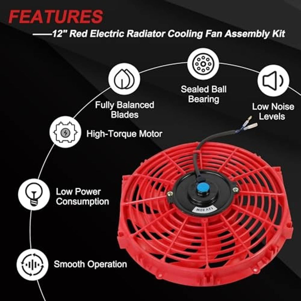 Red electric radiator cooling fan with black center hub, showing feature callouts
