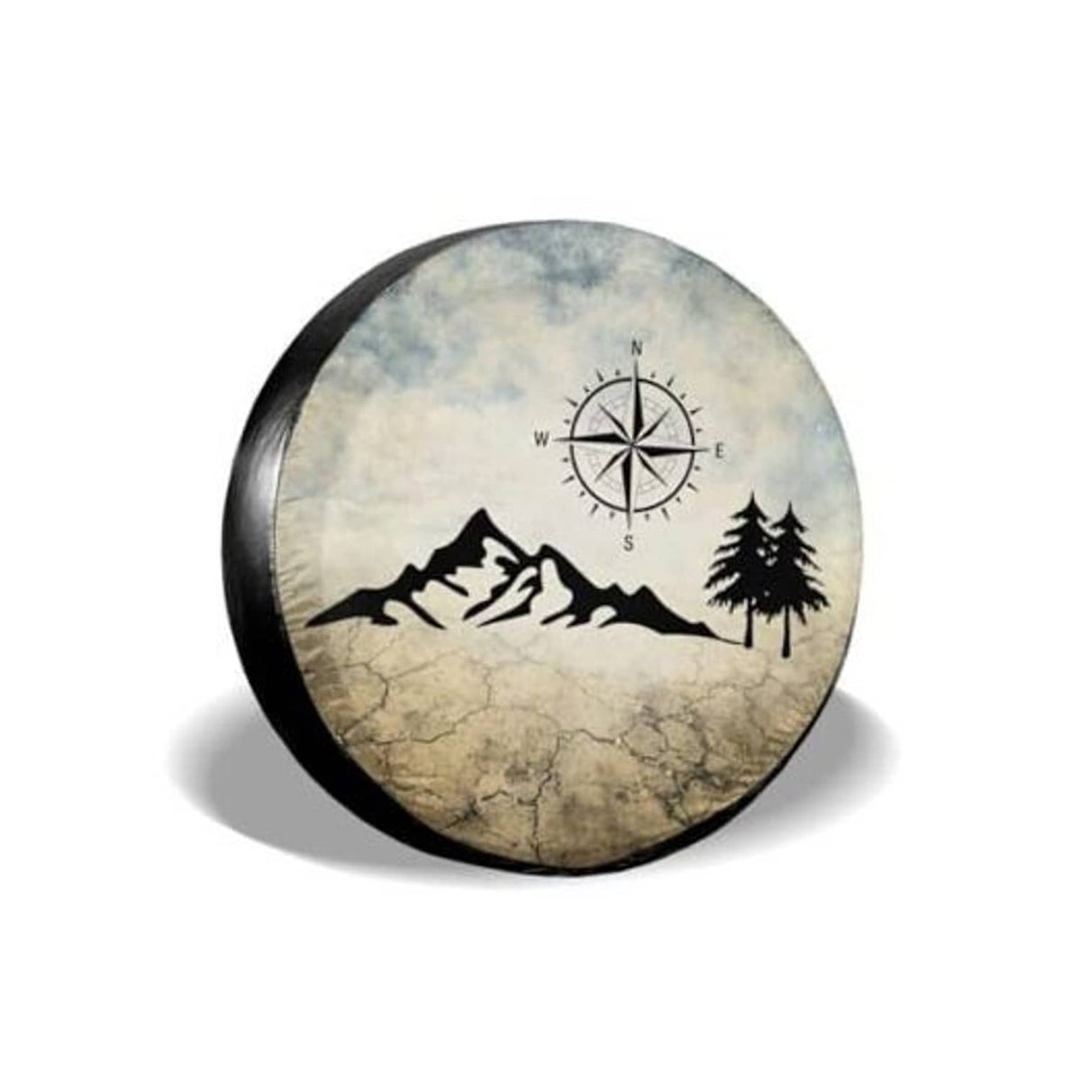 Round spare tire cover with compass, mountains, and pine tree graphic on beige fabric