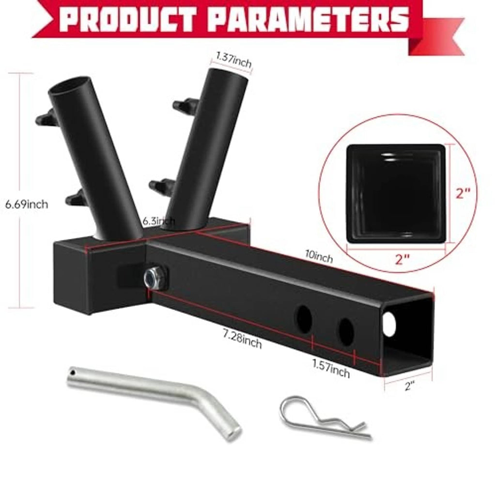 Black double flag pole hitch mount with two sockets and included mounting hardware