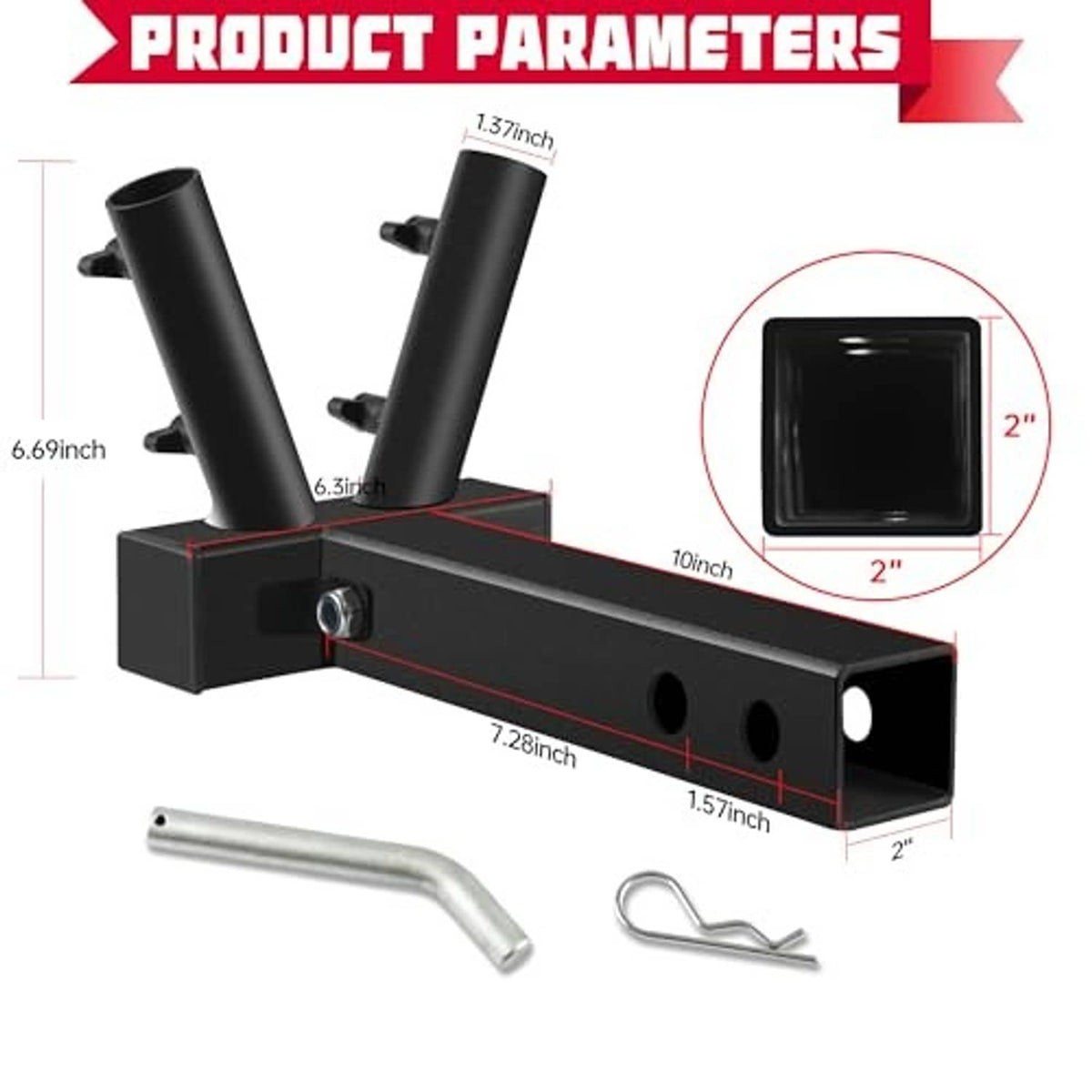 Black double flag pole hitch mount with two sockets and included mounting hardware