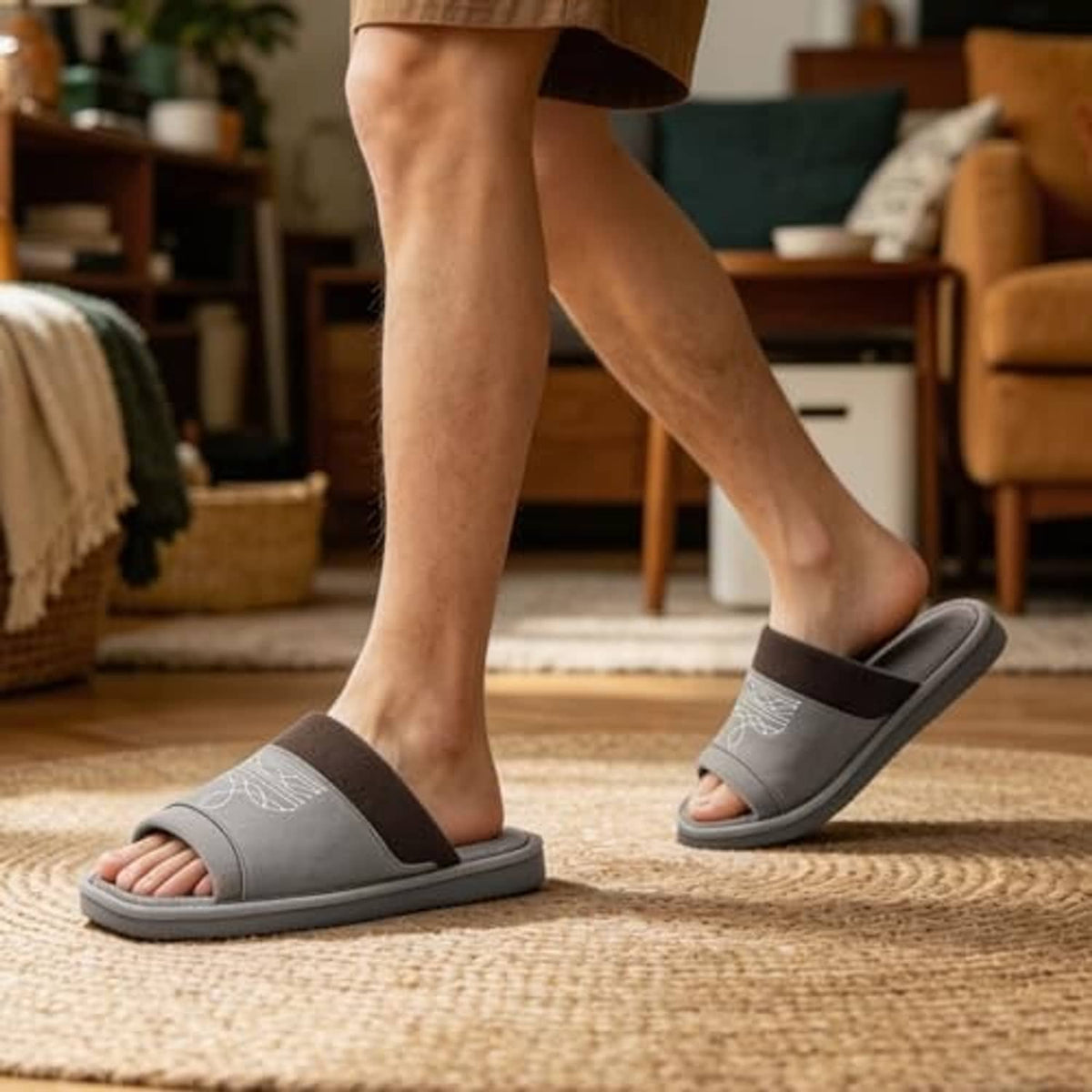 Grey men's open-toe suede slide slippers with square toe, worn with shorts