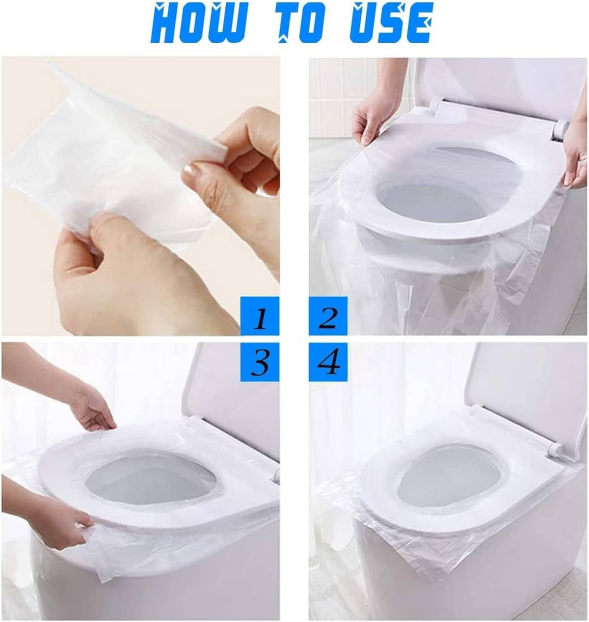 Step-by-step use of disposable toilet seat cover on a toilet bowl