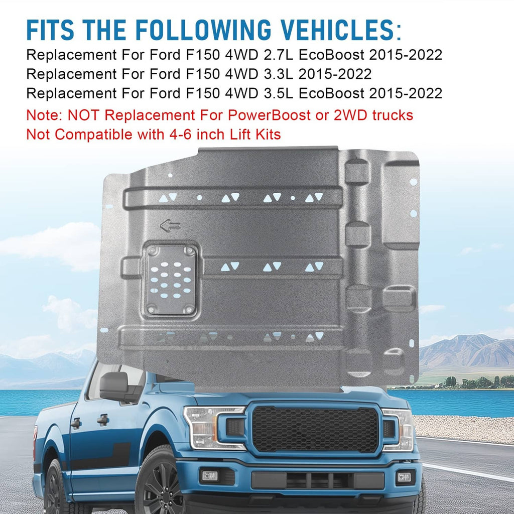 Dark gray transmission skid plate with central perforated vent panel and stamped ribs