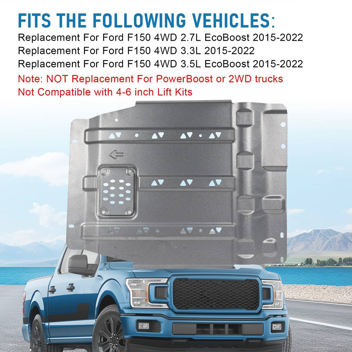 Dark gray transmission skid plate with central perforated vent panel and stamped ribs