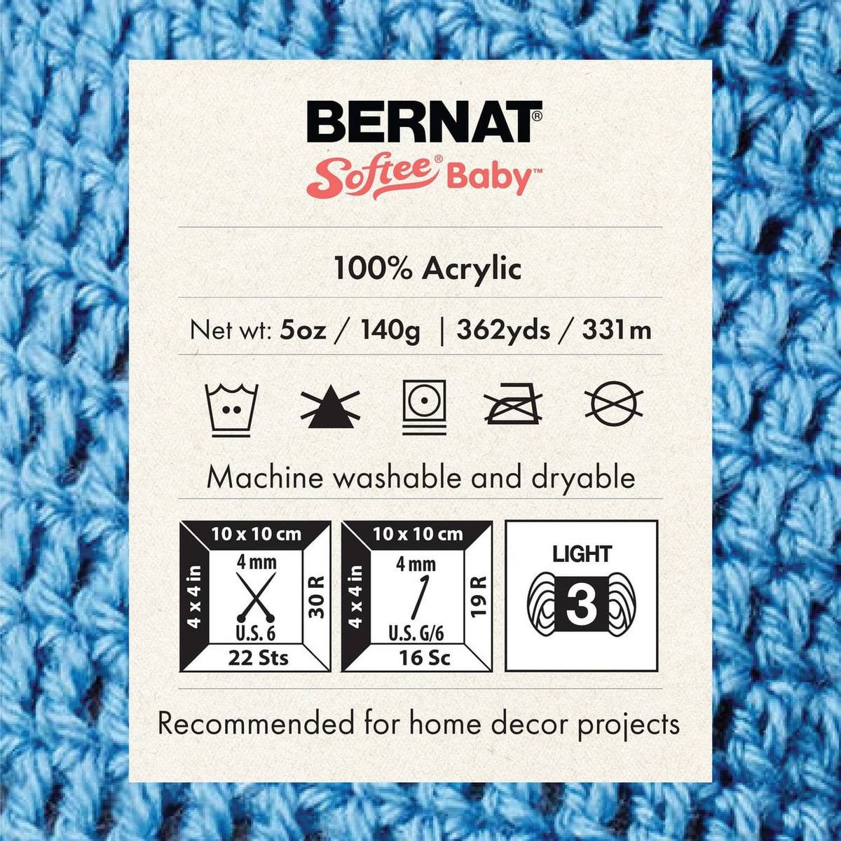 Light blue Bernat Softee Baby yarn label on textured skein