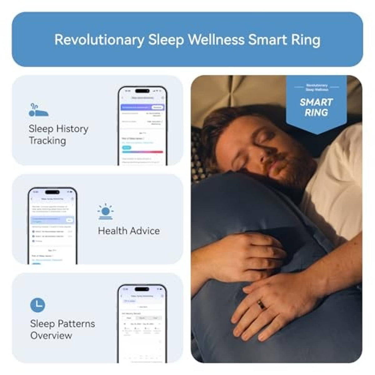 Smart ring sleep wellness infographic with ring graphics and phone app panels