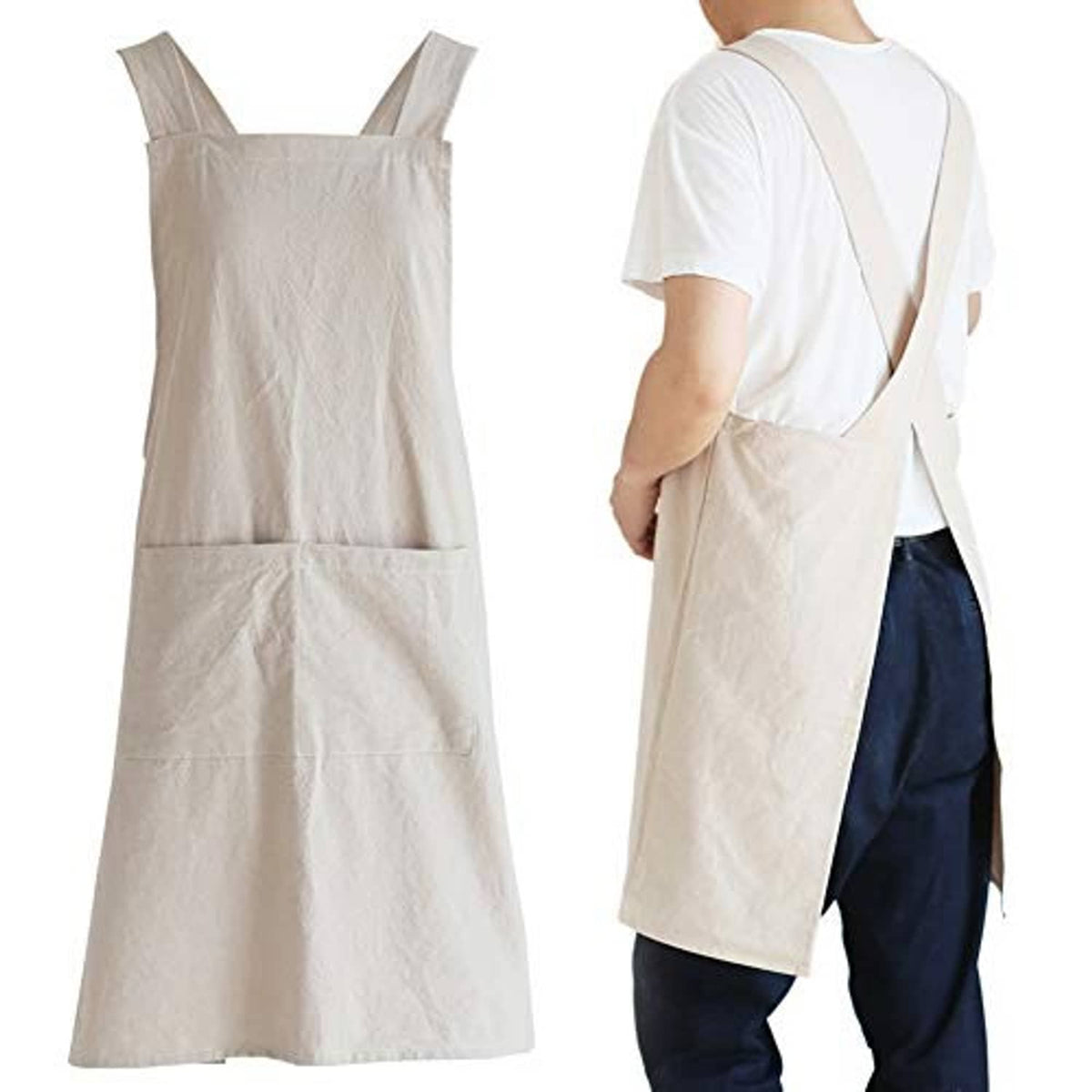 Light beige cross-back apron with adjustable back straps and front patch pocket