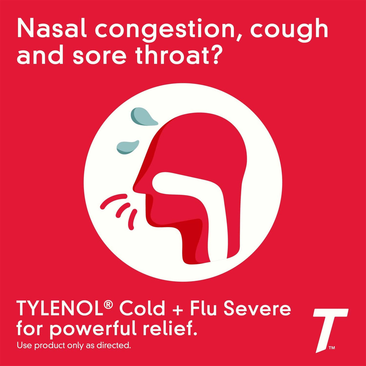 Tylenol Cold + Flu Severe relief graphic with congestion, cough, and sore throat icons.