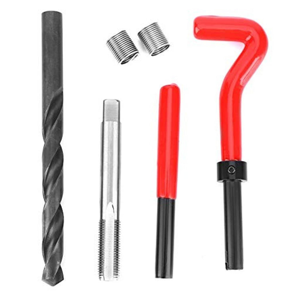 Close-up thread repair kit: spiral bit, guide bar, red handles, and metal thread inserts