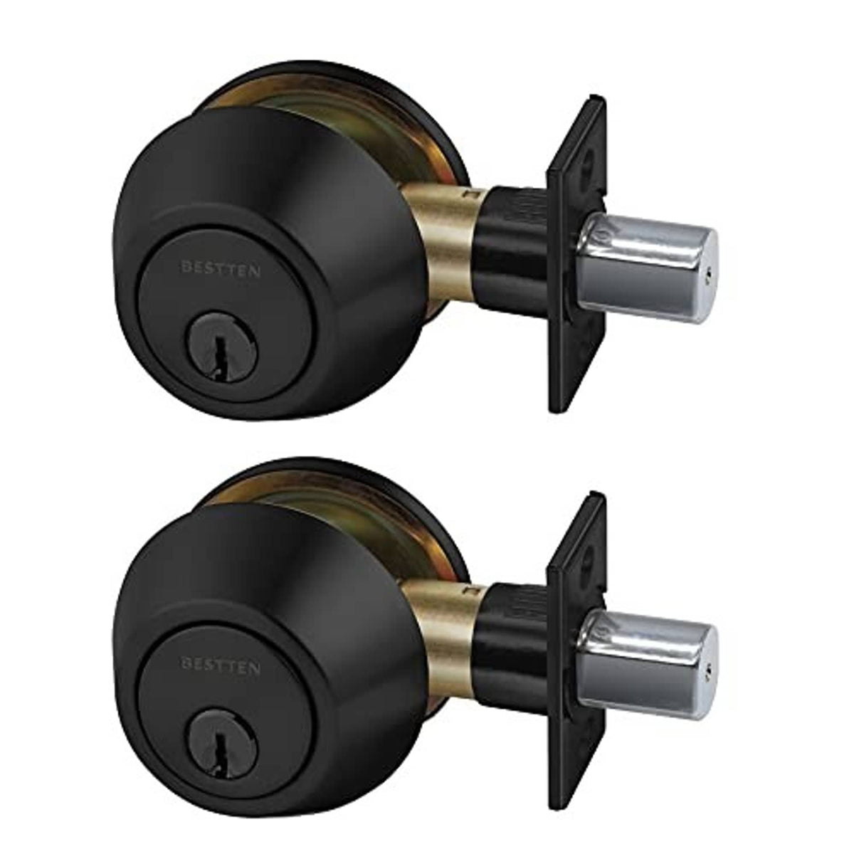 Matte black single-cylinder deadbolt set with keyed lock cylinder and round exterior face