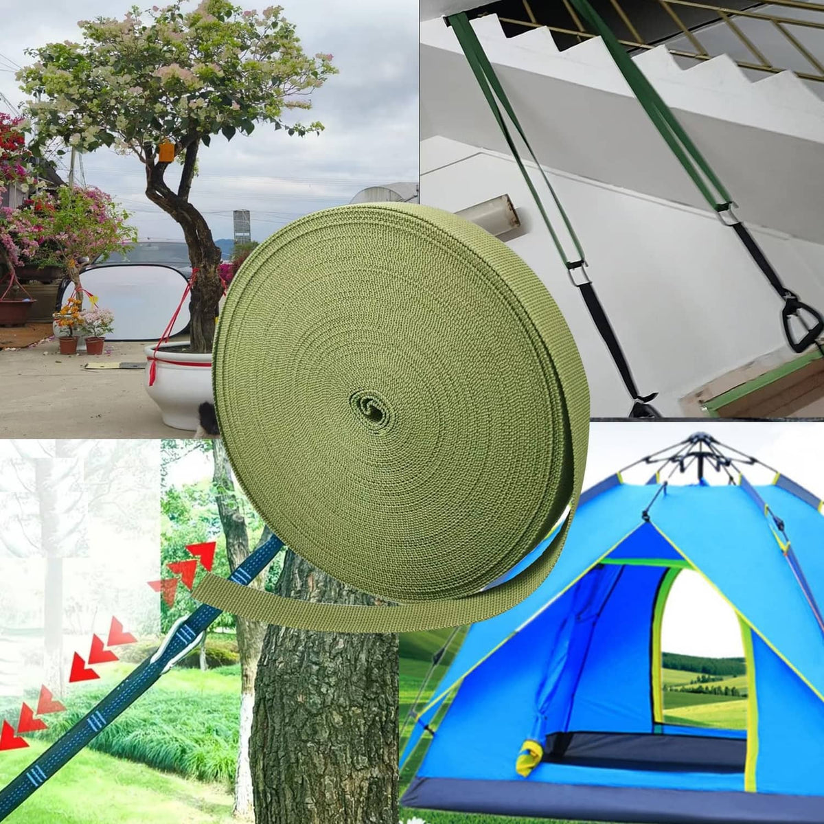 Army green tree tie strap roll with long webbing looped over canopy poles