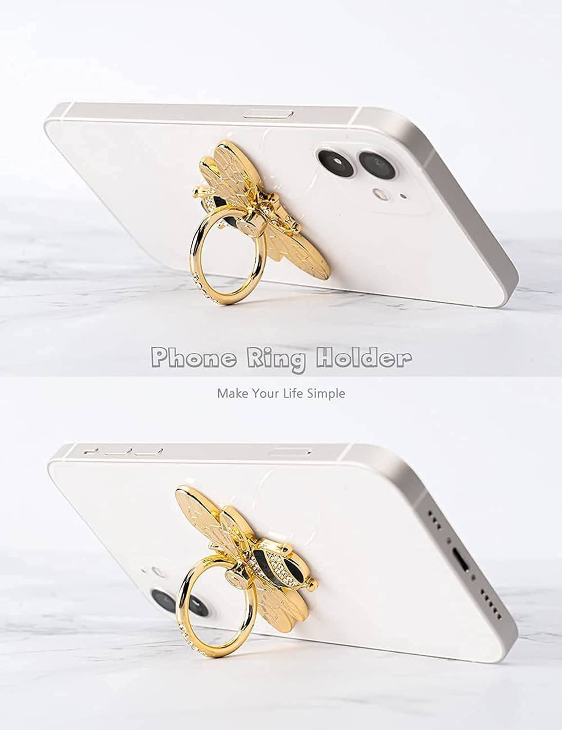 Gold bee phone ring holder with finger ring on phone back, crystal inlay