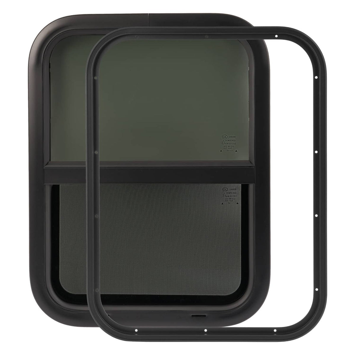 RV vertical slider window with dark tinted glass and screen panel in black frame.