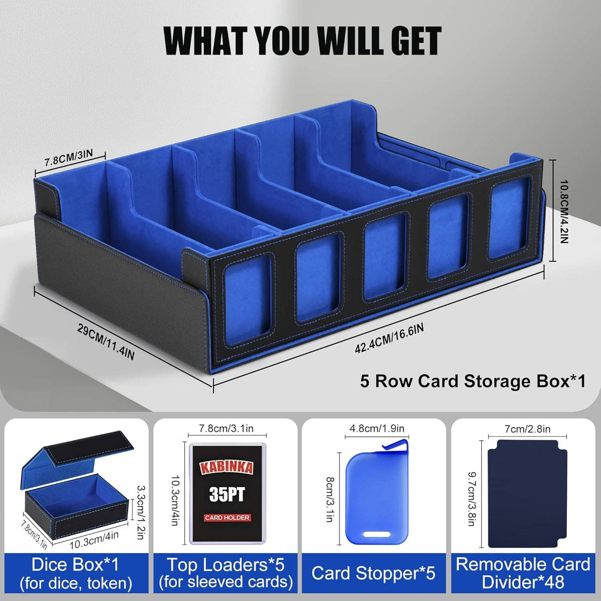 Blue 5-row card storage box with black side walls and front card window pockets