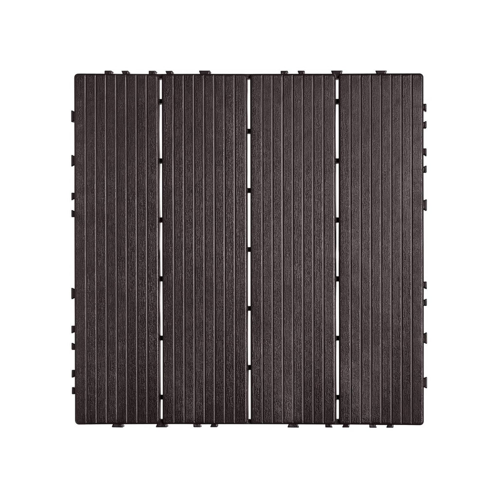 Interlocking deck tile, dark brown vertical rib top with connector slots on edges