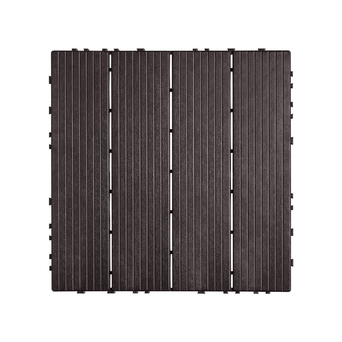 Interlocking deck tile, dark brown vertical rib top with connector slots on edges