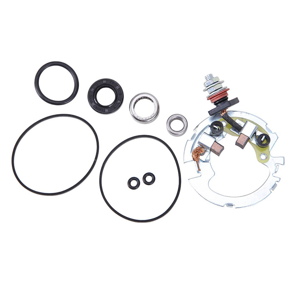 Starter brush plate rebuild kit laid out: multiple O-rings, seals, and brush assembly.
