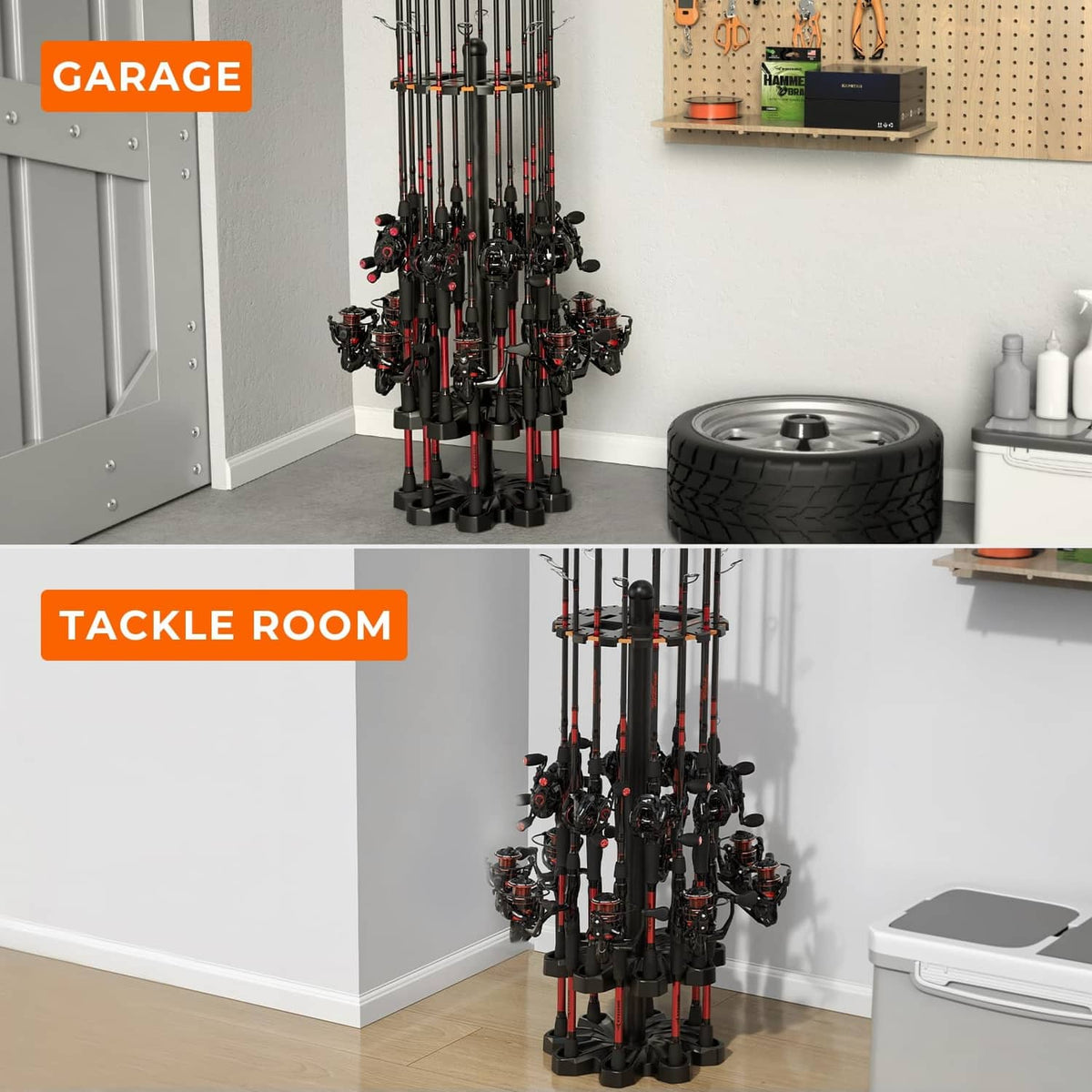 Black fishing rod holder stand with multiple upright rod tubes for reels