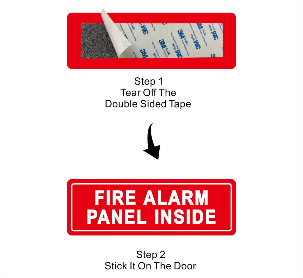 Red fire alarm panel inside sign shown with tape application steps