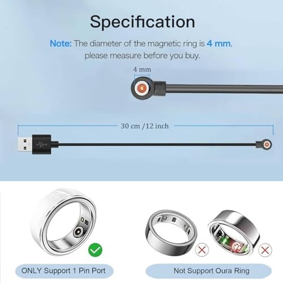 Magnetic ring charging cable with USB connector and round one-pin charging end