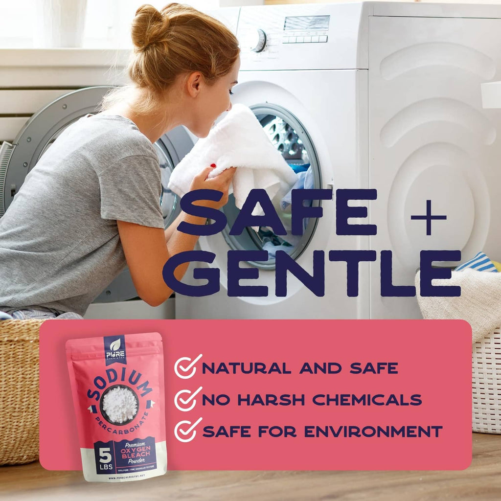 Oxygen bleach powder pouch on laundry counter beside washing machine