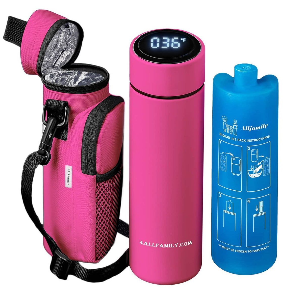 Pink insulated insulin cooler case with digital thermometer, blue ice pack, and bag