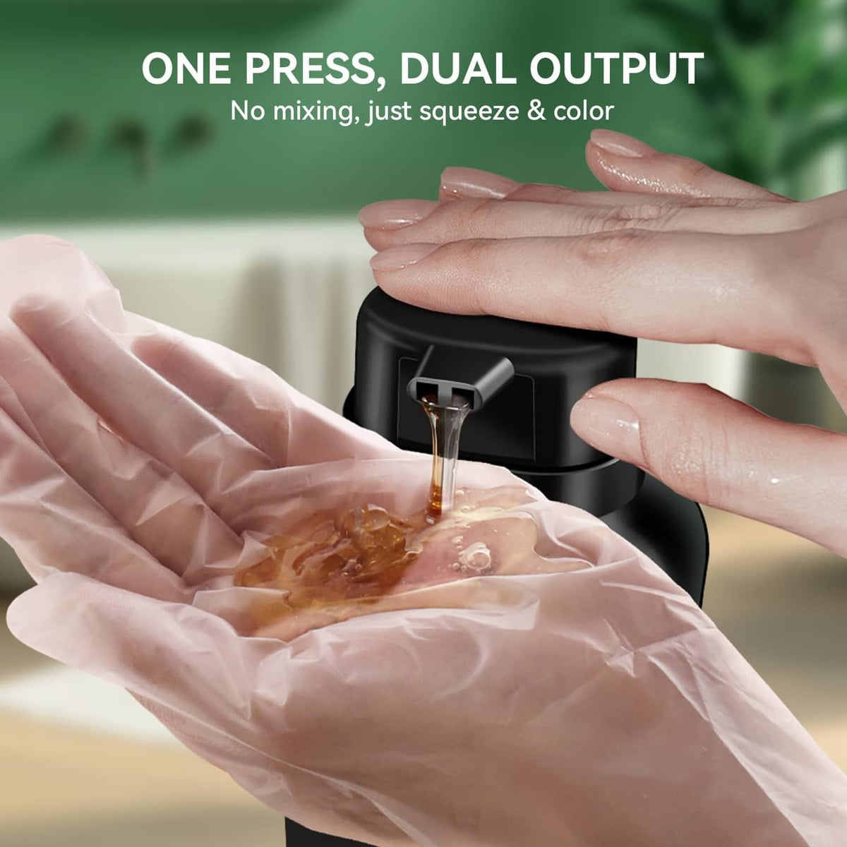 Dual output hair dye shampoo bottle with squeeze nozzle releasing color